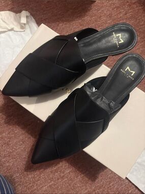 Marc Fisher Black Pointed Woven Slip-On Mules